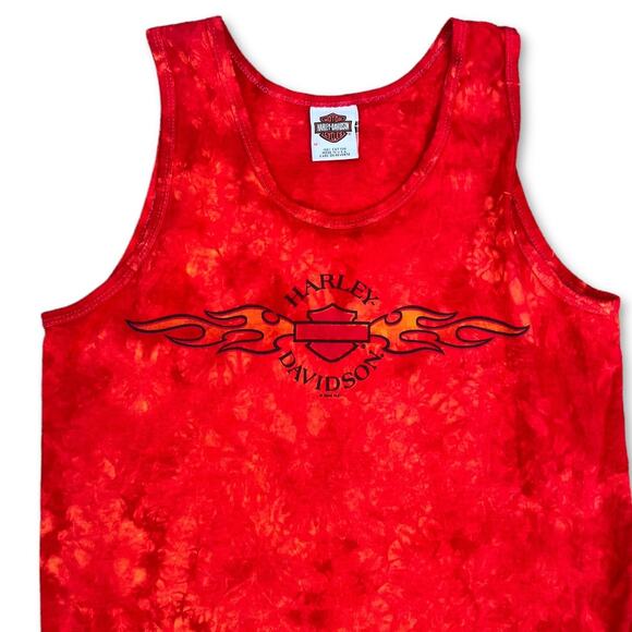 Y2K Harley Davidson Orange Red Flame Tie Dye Tank Top Texas | Size Medium Men's - Picture 1 of 7
